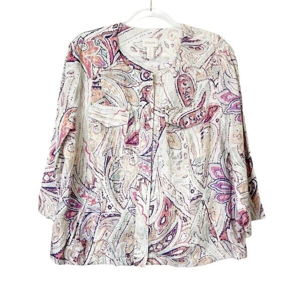 Chicos Linen Zip Jacket Womens Size 3 US 16 XL Paisley 3/4 Sleeves - Picture 1 of 11